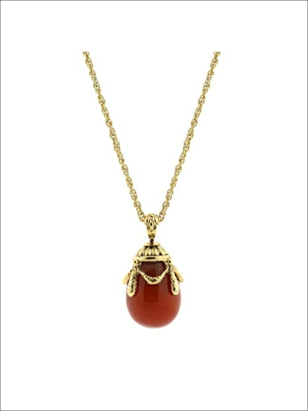 Carnelian Gemstone Egg Pendant Necklace, Antique Gold-Tone, 30 Inch Rope Chain